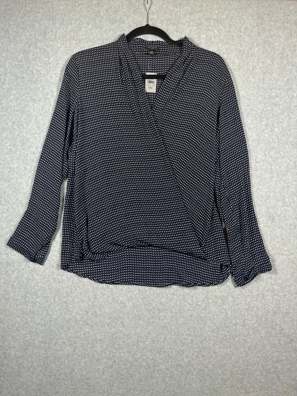 Ann Taylor Blouse Top Women Size MP Black Polka Dot Surplice Neck NWT
